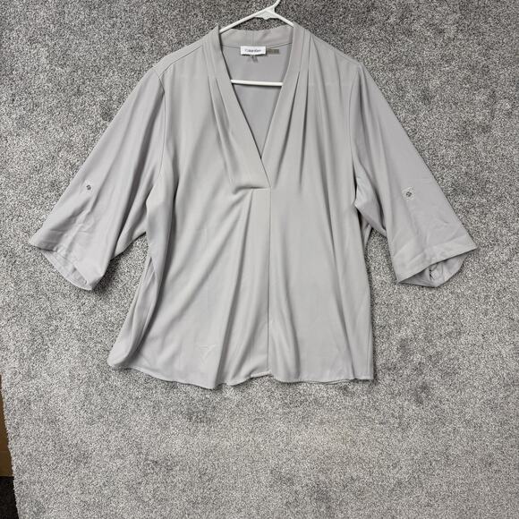 Calvin Klein Tops - Calvin Klein Blouse Womens 1X Plus Gray V-Neck Roll Tab Sleeve Preppy Flowy